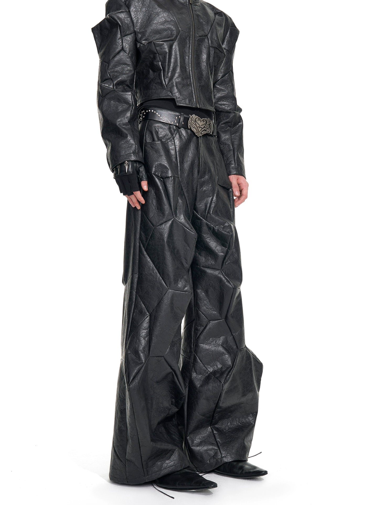 Deconstruction PU Leather Jacket & Wide Leg Pants Setup WN20949