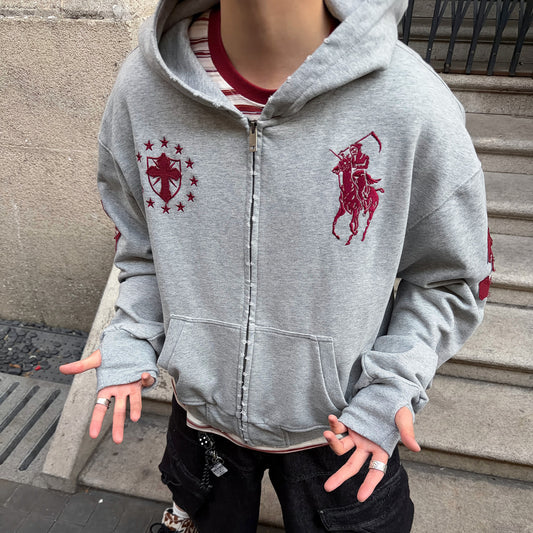 Embroidery Oversize Short Zipper Hoodie WN24393