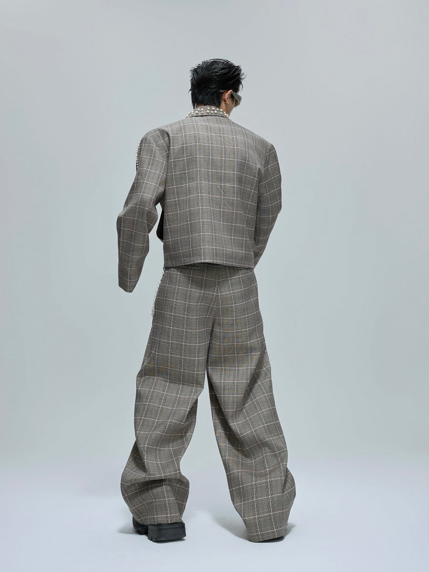 Pearl Houndstooth Lapel Short Jacket & Trousers Setup WN21759