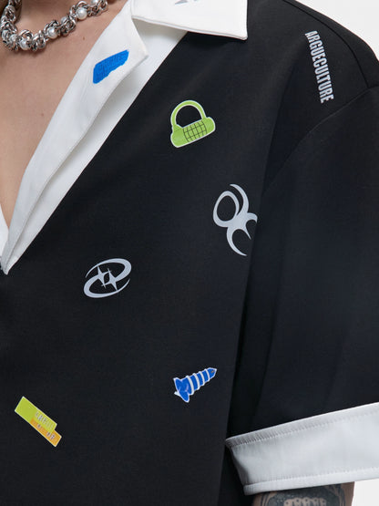 Sticker Print V-Neck Fake Layered Short Sleeve Polo T-Shirt WN18375