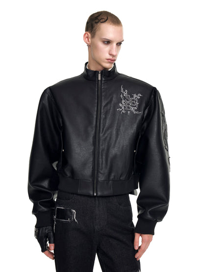 Back Metal Letter Embroidery PU Leather Zipper Jacket WN20936