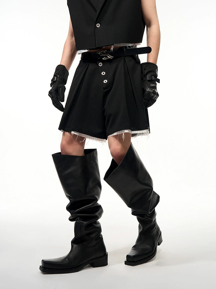 Frayed Hem Sleeveless Tailored Jacket & Half Pants Setup WN16561