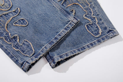 Frayed Applique Embroidery Washed Wide Leg Denim Jeans WN27833