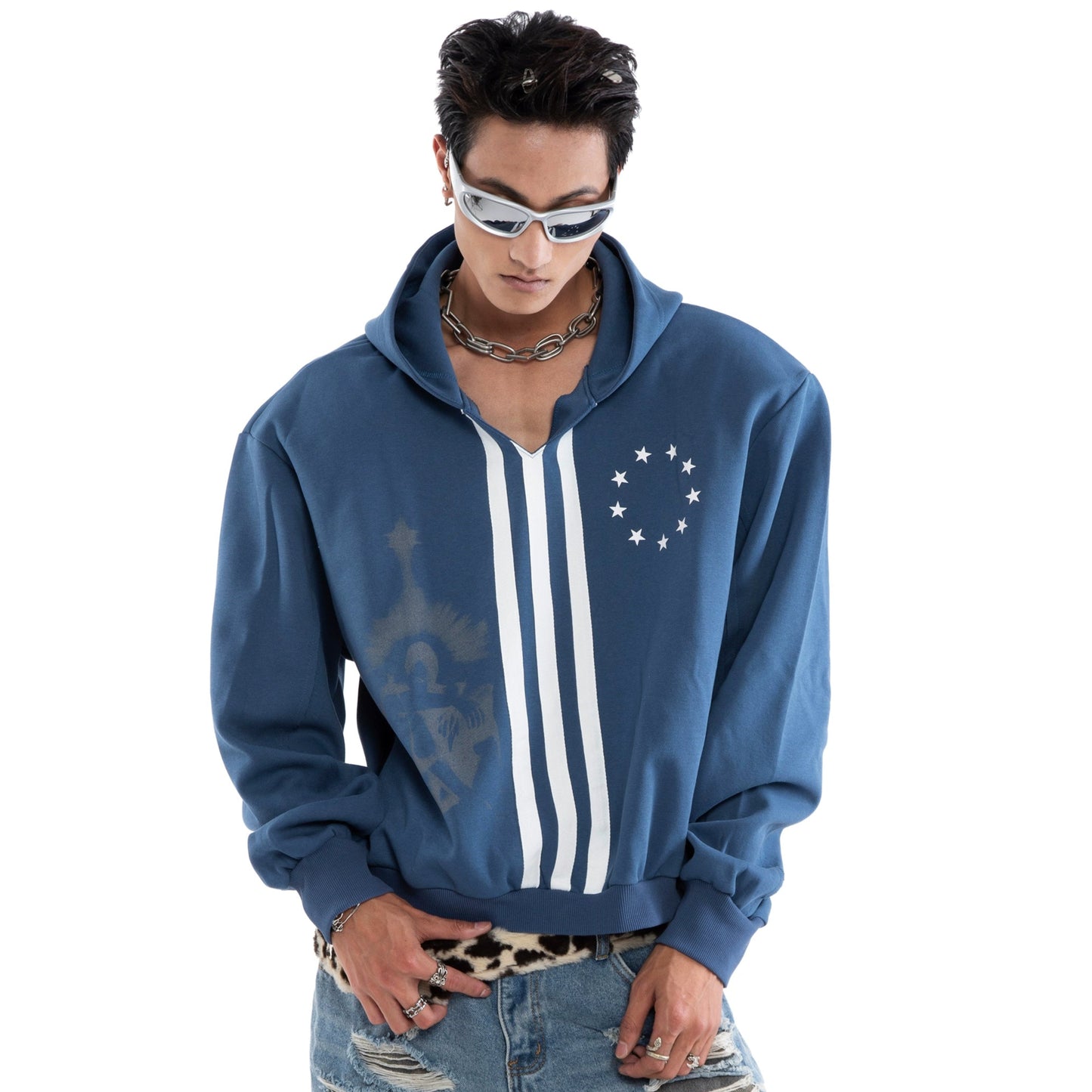 Flag Print V-Neck Oversize Hoodie WN20647