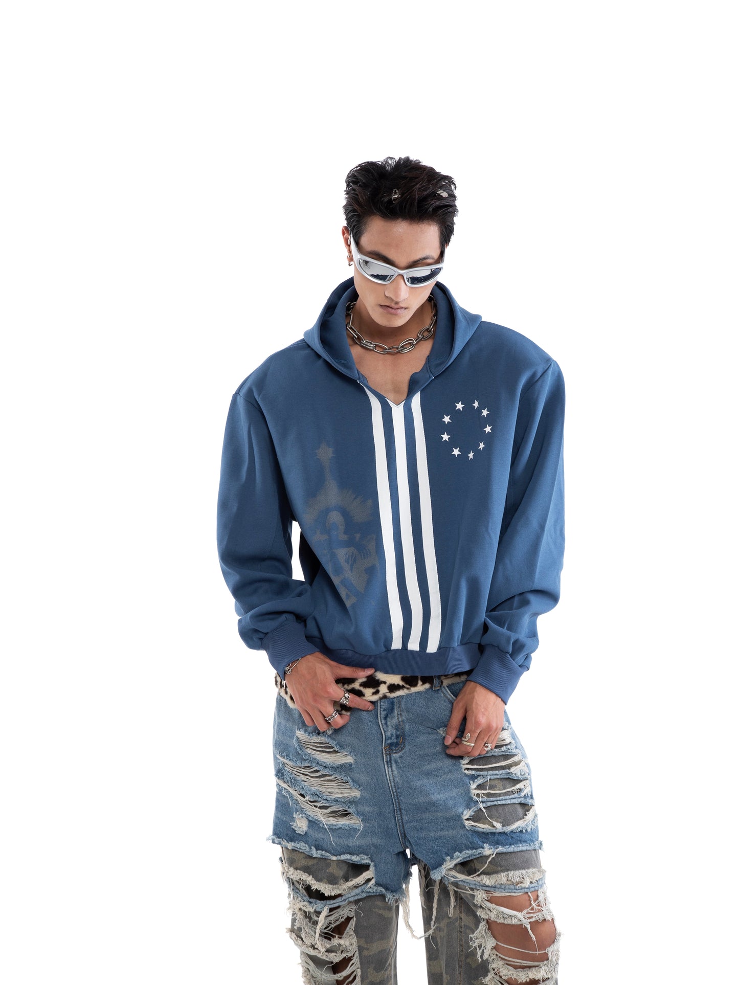 Flag Print V-Neck Oversize Hoodie WN20647