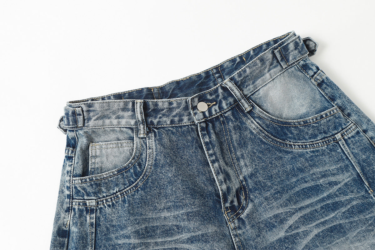 Washed Damage Splice Wide Leg Denim Jeans WN25742