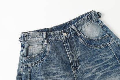 Washed Damage Splice Wide Leg Denim Jeans WN25742