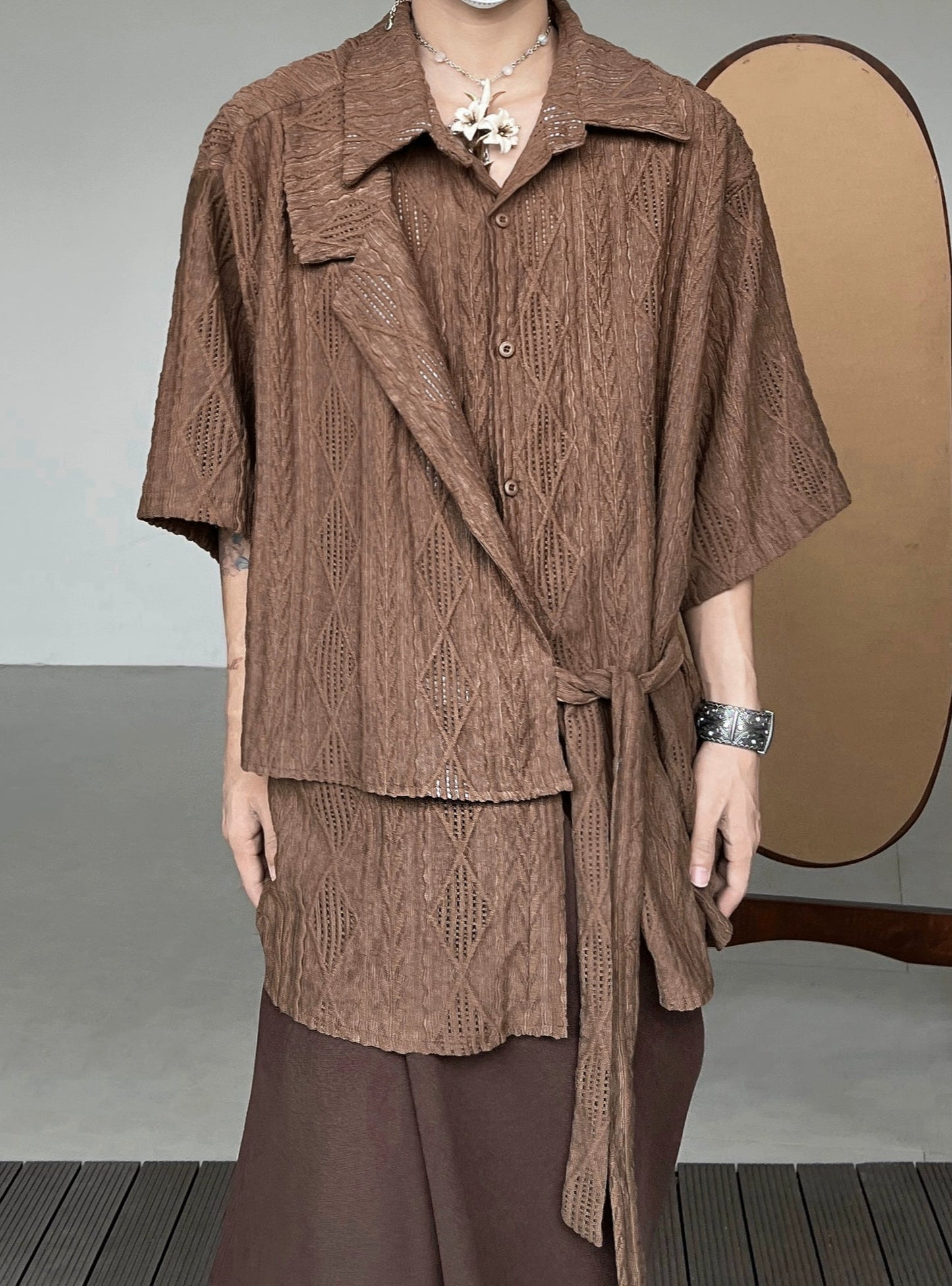 Jacquard Hollow Patchwork Texture Short Sleeve Shirt WN20008