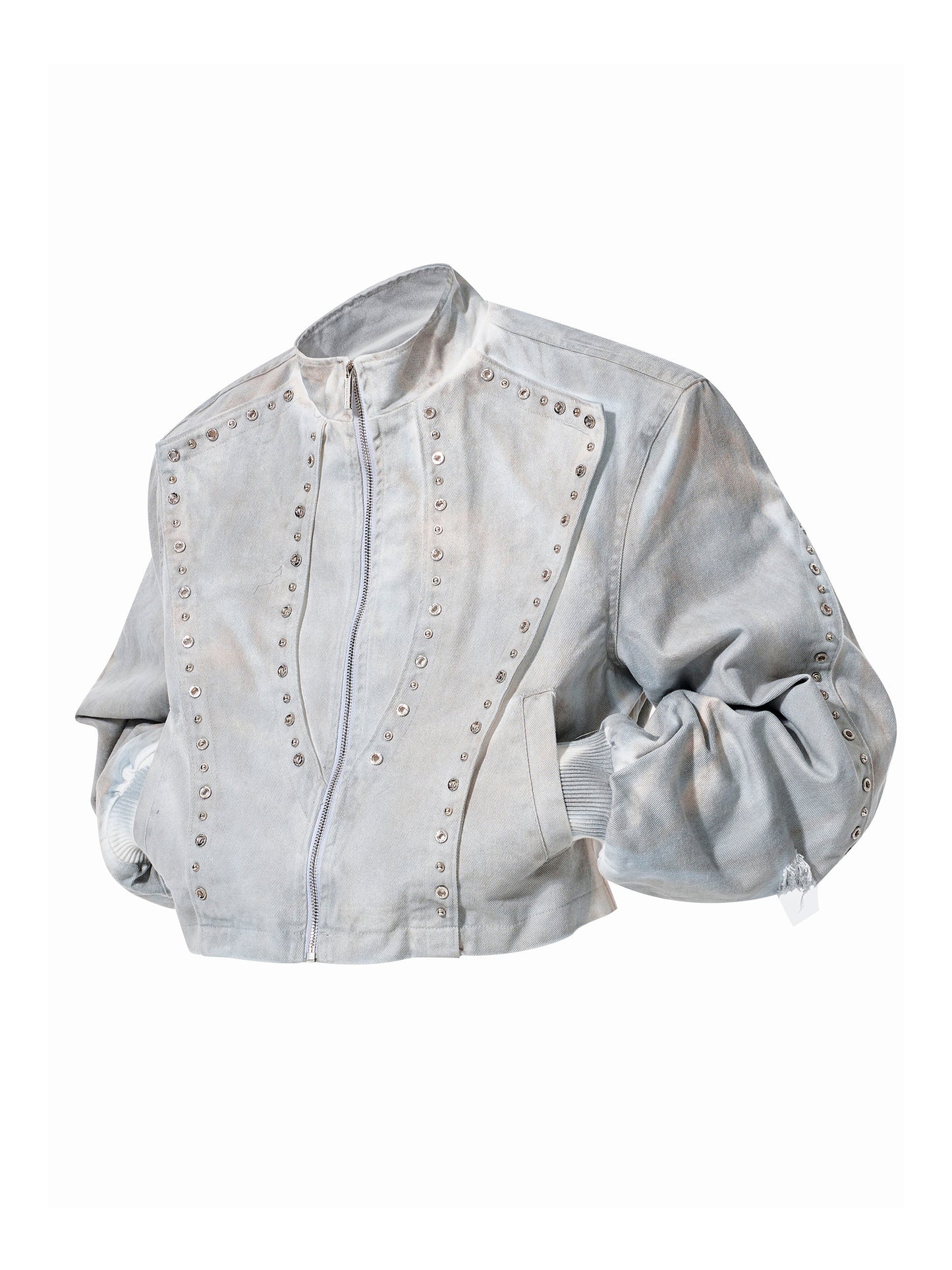 Deconstructed Paint Damage Stand Neck Short Denim Jacket & Denim Jeans Setup WN23280