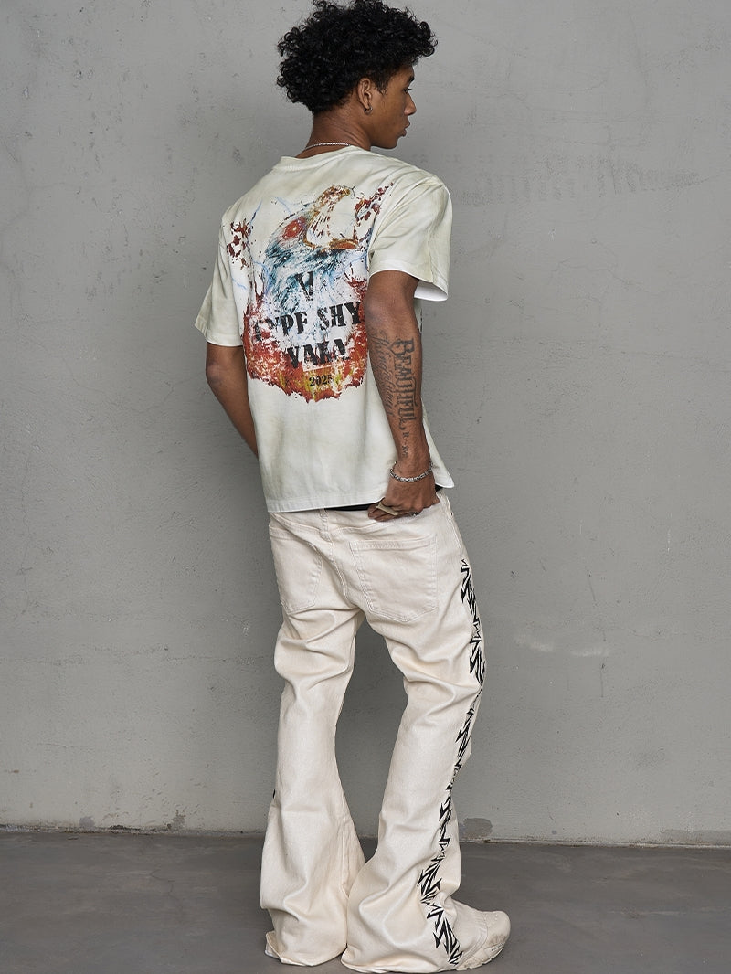 Waxed Embroidery Flare Stacked Denim Jeans WN21006