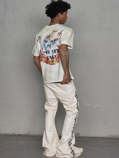 Waxed Embroidery Flare Stacked Denim Jeans WN21006