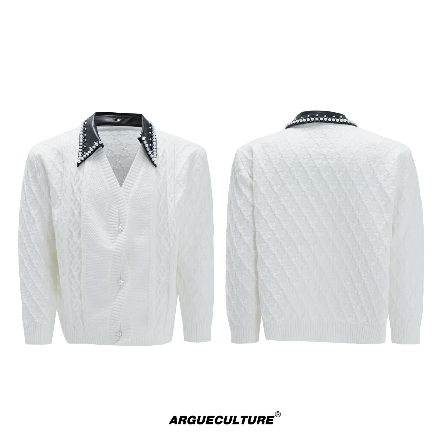 Fake Layered Pearl Embellished Lapel Thick Knit Cardigan WN21722