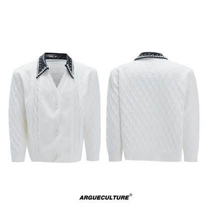 Fake Layered Pearl Embellished Lapel Thick Knit Cardigan WN21722