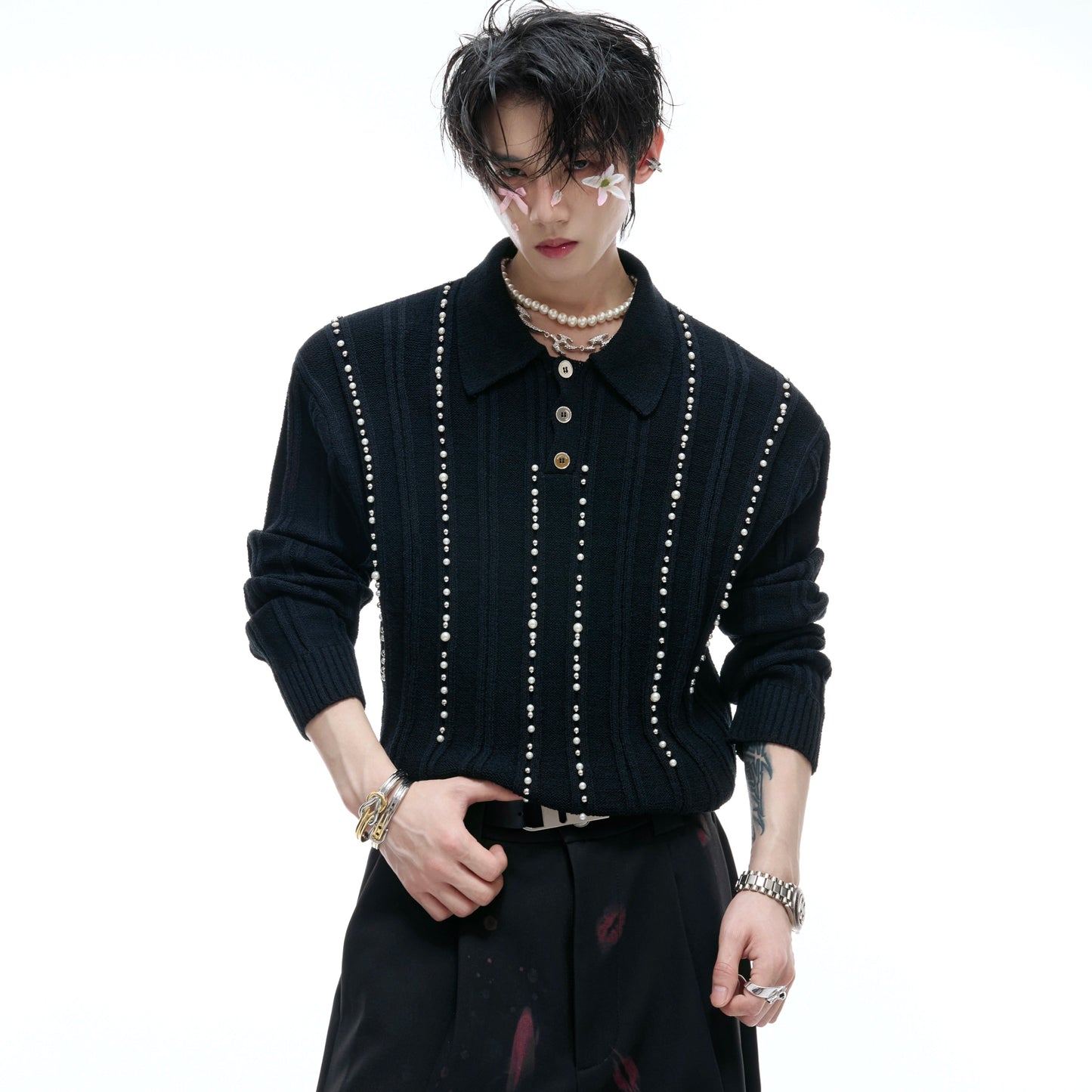 Pearl Beads Detail Knit Polo Shirt WN20540