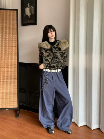 Camouflage Detachable Fake Fur-Collar Hooded Short Jacket WN22171