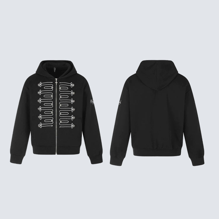 Knot Embroidery Metal Stud Cross Zipper Hoodie WN27796