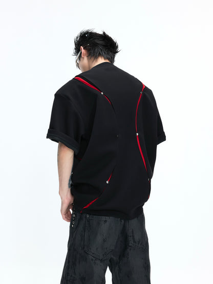 Deconstruction Liquid Print Contrast Panel Rivet Short Sleeve T-Shirt WN26976