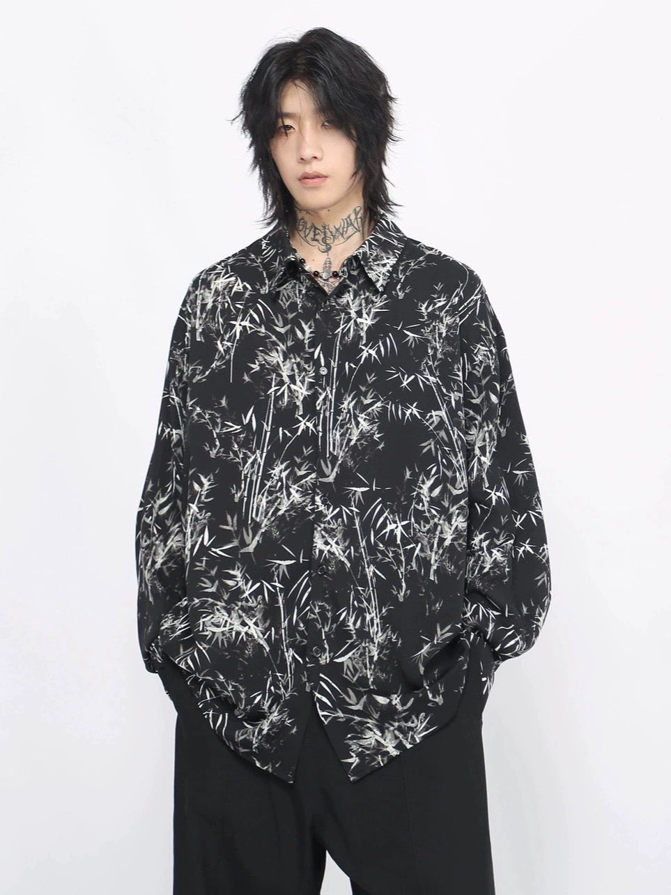 Bamboo Print Oversize Long Sleeve Shirt WN8711