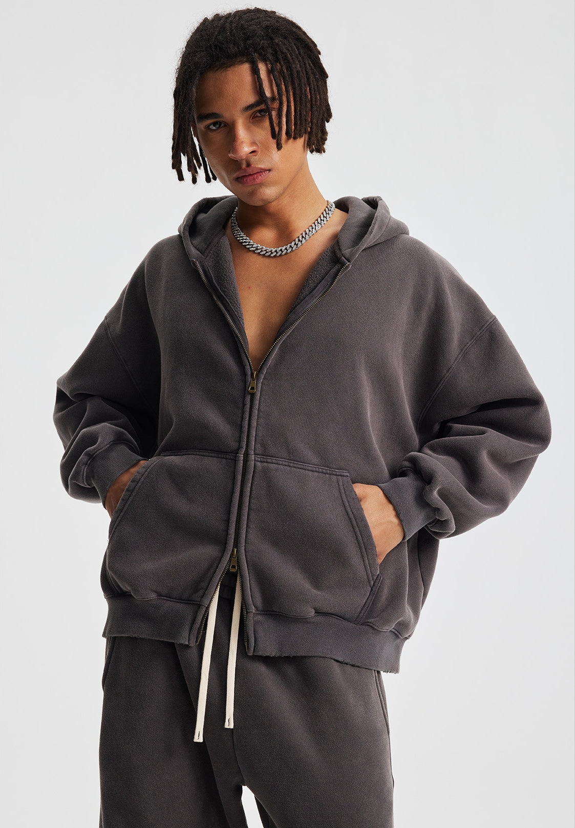 Fleece Lining Zip-Up Wax Dye Zipper Hoodie WN23111