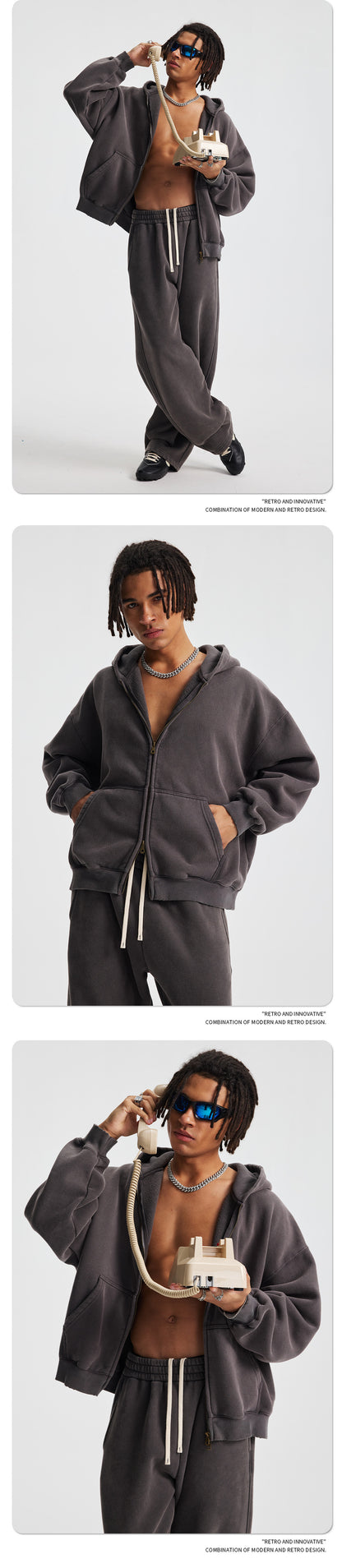 Fleece Lining Zip-Up Wax Dye Zipper Hoodie & Wide Leg Pants Sweatpants WN23112