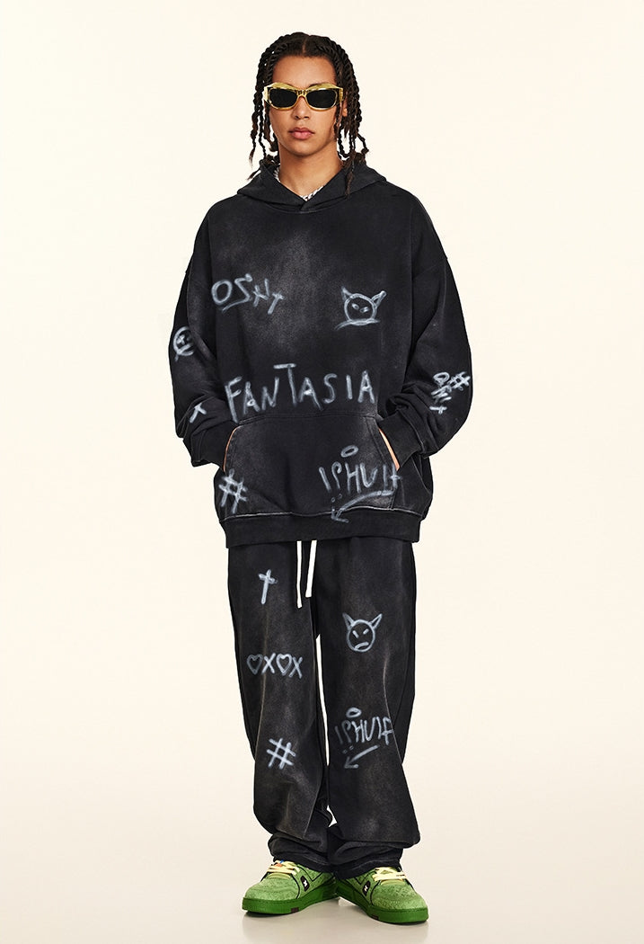 Hand-drawn Graffiti Print Hoodie & Sweatpants Setup WN9955