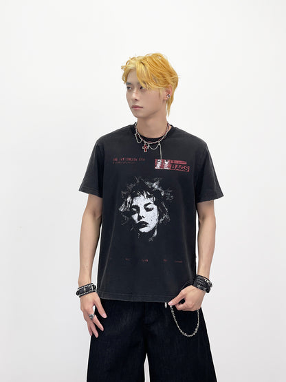 Portrait Print Wash Damage Short Sleeve T-Shirt WN24265