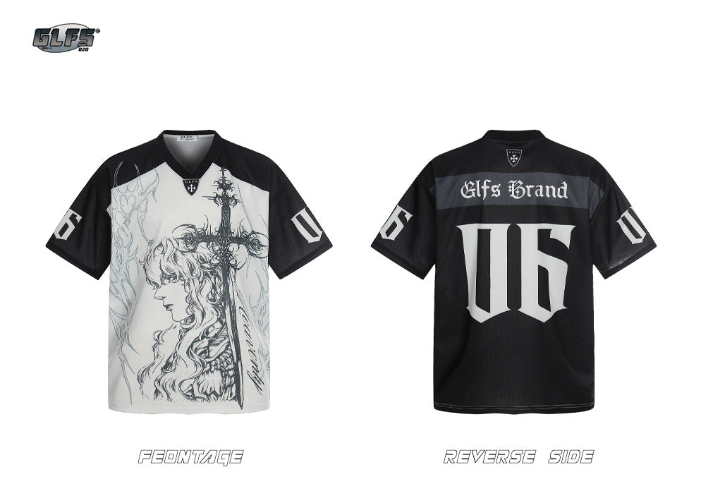 Sporty Illustration Cross V-Neck Short Sleeve T-Shirt WN26472