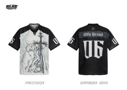 Sporty Illustration Cross V-Neck Short Sleeve T-Shirt WN26472