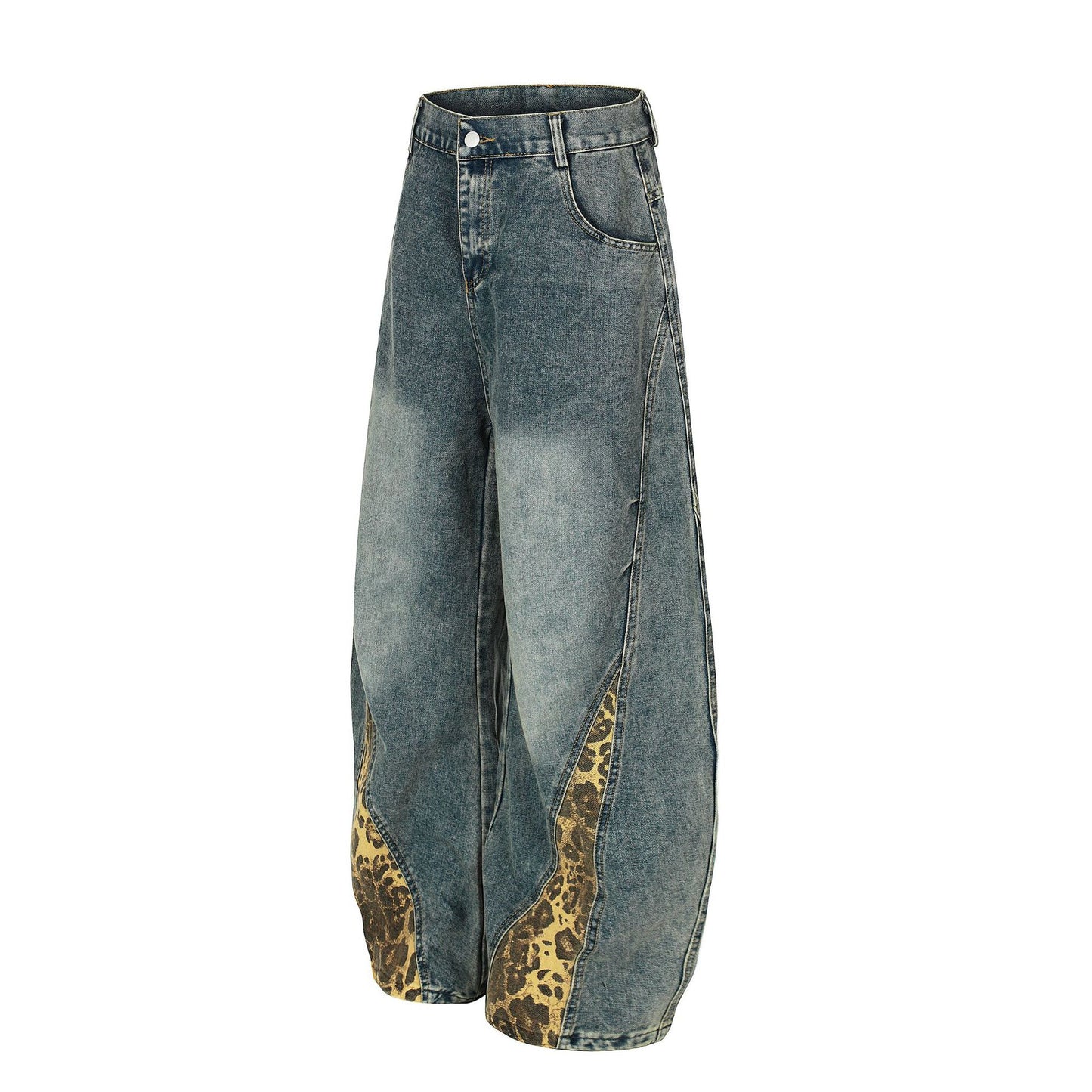 Washed Leopard Panel Curved Denim Jeans WN25514