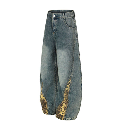 Washed Leopard Panel Curved Denim Jeans WN25514