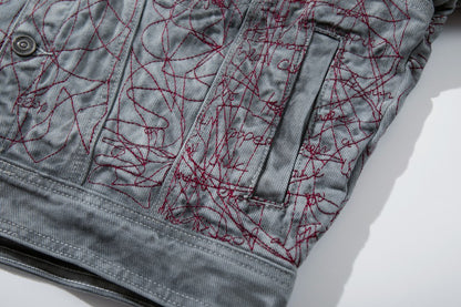 All-Over Random Stitch Embroidery Oversize Denim Jacket WN27865