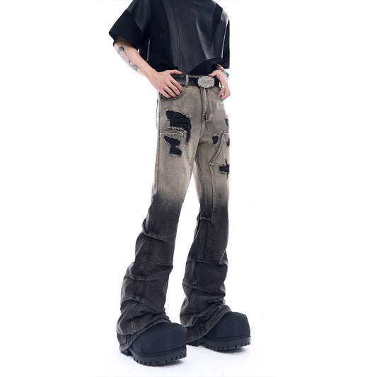 Pleats Damage Micro Flare Denim Jeans WN6914