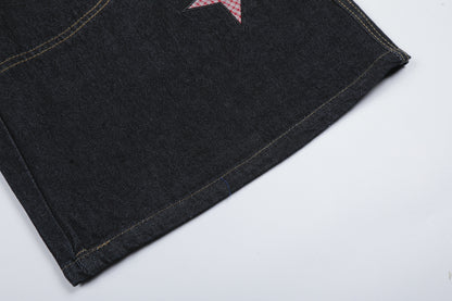 Star Patch Embroidery Denim Wide Leg Half Pants WN25693