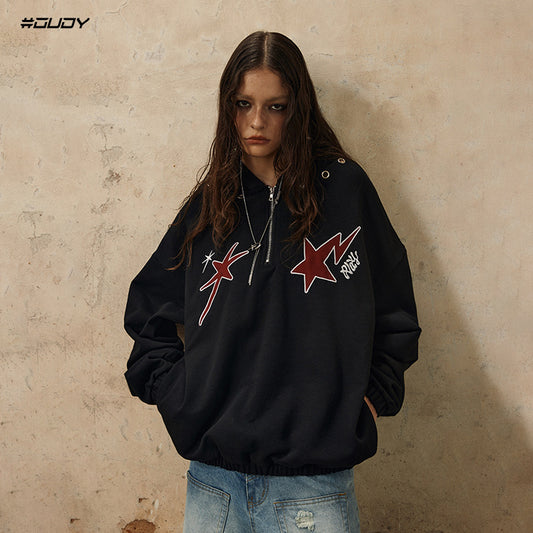 Half Zipper Patchwork Embroidery  Hoodie WN12434