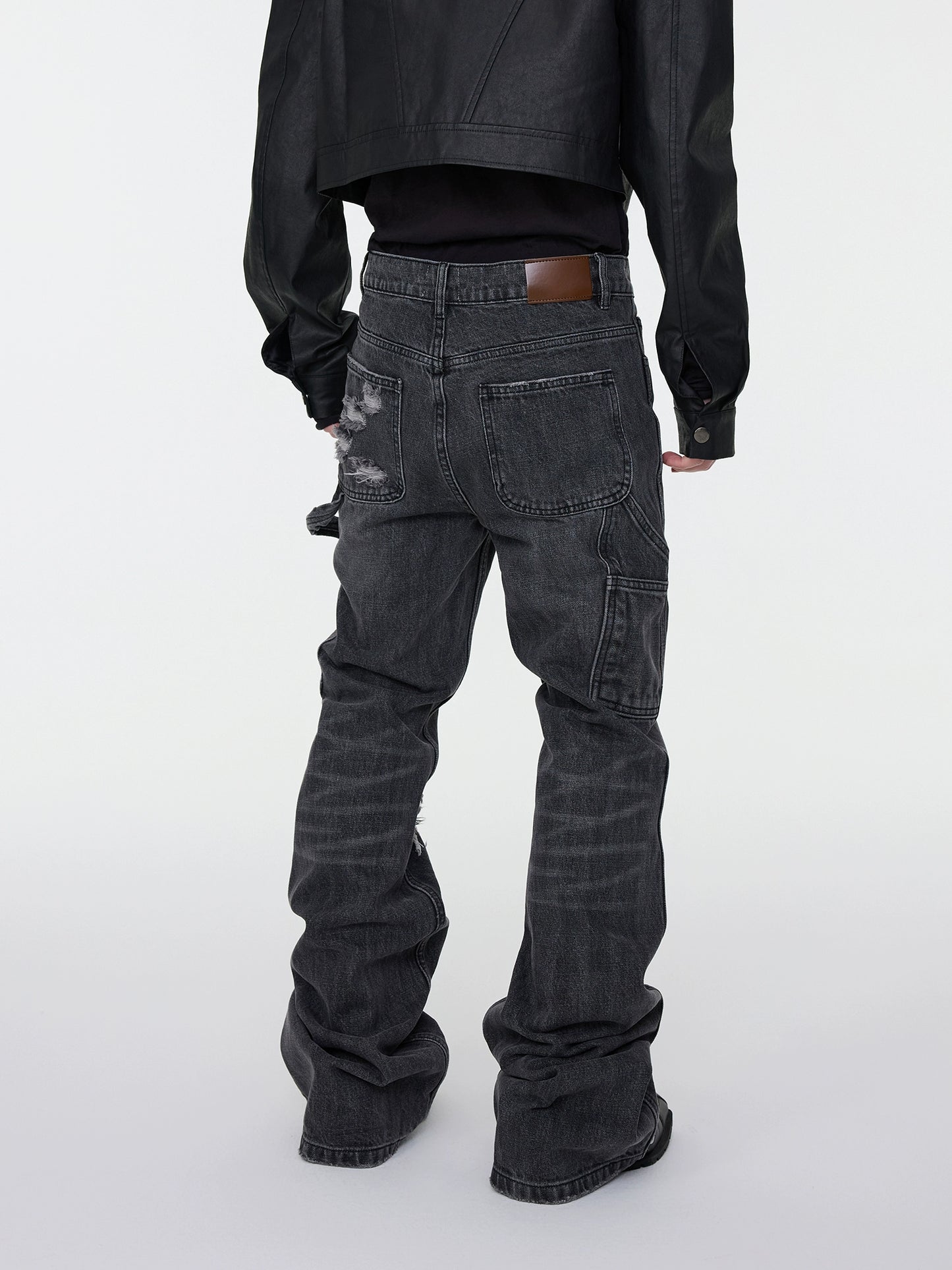 Whisker Rip Damage Stacked Flare Denim Jeans WN16949