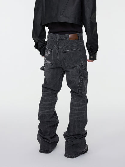Whisker Rip Damage Stacked Flare Denim Jeans WN16949
