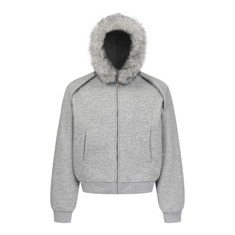 Fake Fur Collar Deconstructed Short Length Oversize Zipper Hoodie WN24239