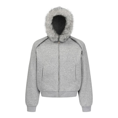 Fake Fur Collar Deconstructed Short Length Oversize Zipper Hoodie WN24239