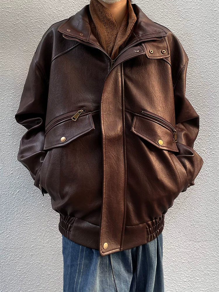 Stand Neck Oversize Windproof PU Leather Jacket WN19987