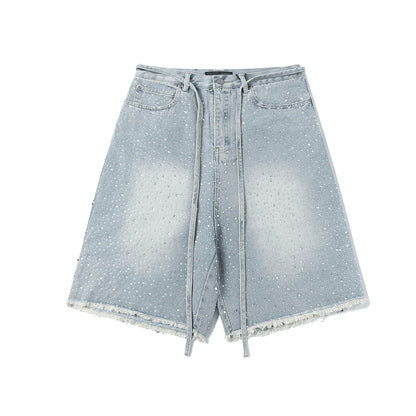 Fringe Rhinestone Wide Leg Half Denim Pants WN25612