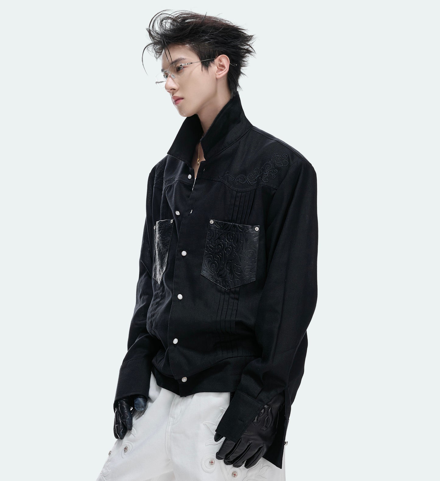 Floral Embroidery Linen Leather Panel Pleats Jacket WN27042