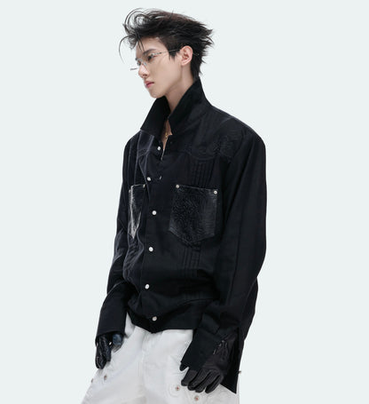 Floral Embroidery Linen Leather Panel Pleats Jacket WN27042