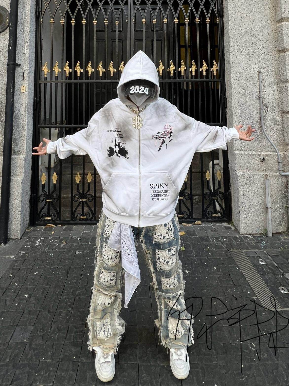 Graffiti Print Smoke Effect Zipper Hoodie WN24120