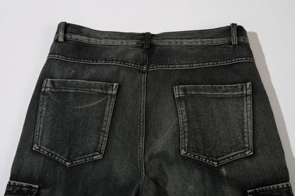 Cargo Pocket Embroidery Wide Leg Denim Jeans WN25718