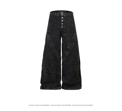 Patchwork Wash Wide Leg Straight Denim Jeans WN23027