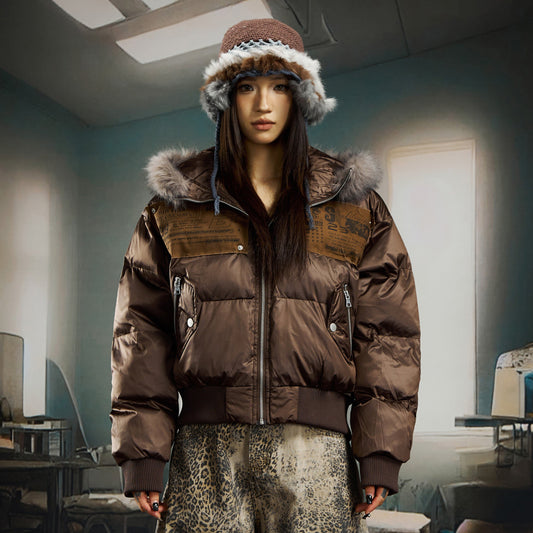 Patchwork Fur Collar Cropped Hooded Short Puffer Jacket WN22757