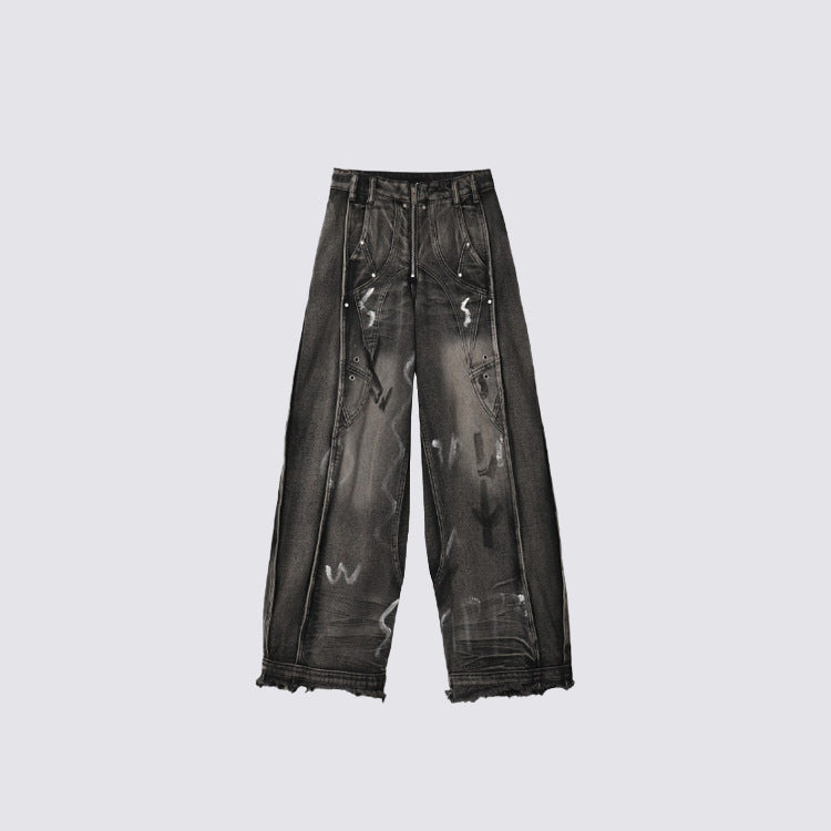 Patchwork Graffiti Wide Leg Denim Jeans WN27832