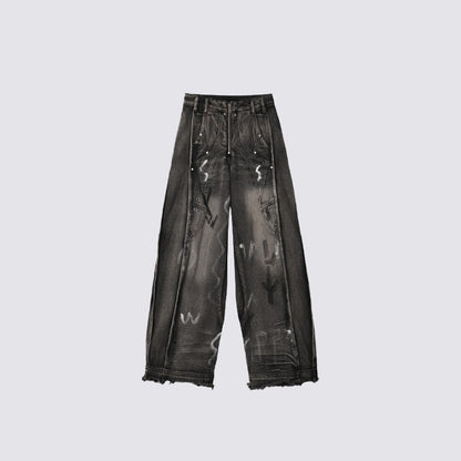 Patchwork Graffiti Wide Leg Denim Jeans WN27832