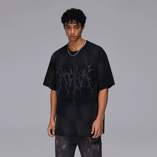 Irregular Rhinestone Logo Damage Wash Oversize Short Sleeve T-Shirt WN17985