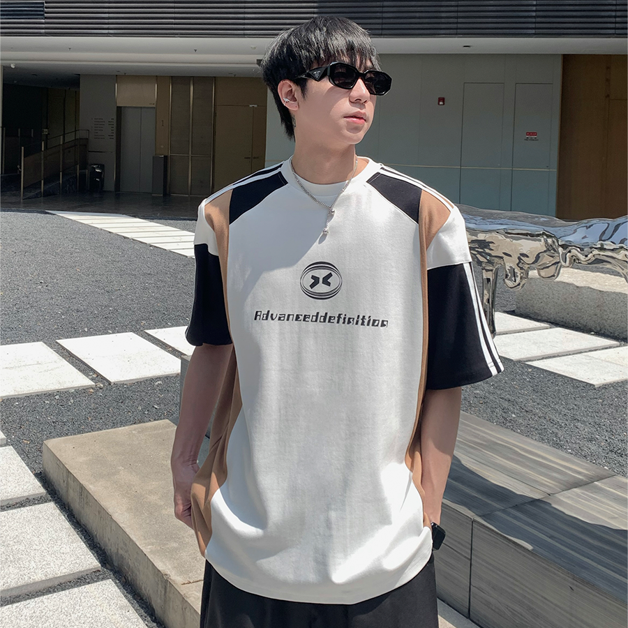Patchwork Contrast Detachable Shoulder-pad Oversize Short Sleeve T-Shirt WN25268